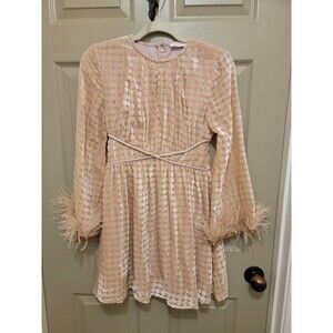 Storia Pink Burnout Velvet long sleeve feather party cocktail mini dress sz S